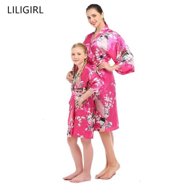 

family matching clothes simulation silk mother and daughter nightwear robe mommy and me pajamas peacock print cardigan sleepwear y200713, Blue