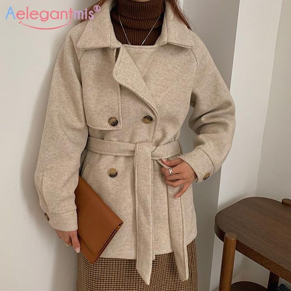 

aelegantmis vintage korean woolen coat women with belt casual loose elegant thick warm jacket outwear female solid overcoat chic, Black