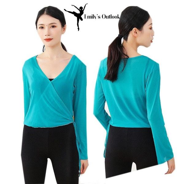 

stage wear see through women ballet dance mesh shirt long sleeve transparent dancer practice wrap blouse v neck autumn design, Black;red