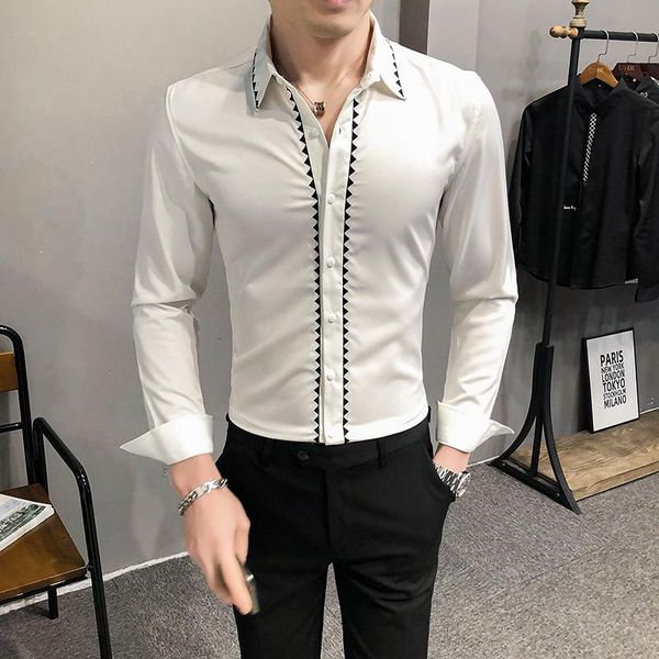 

men's casual shirts vogue man 2021 elegant vintage white for mens black slim fit prom party dress gentleman retro stylish desinger clot, White;black