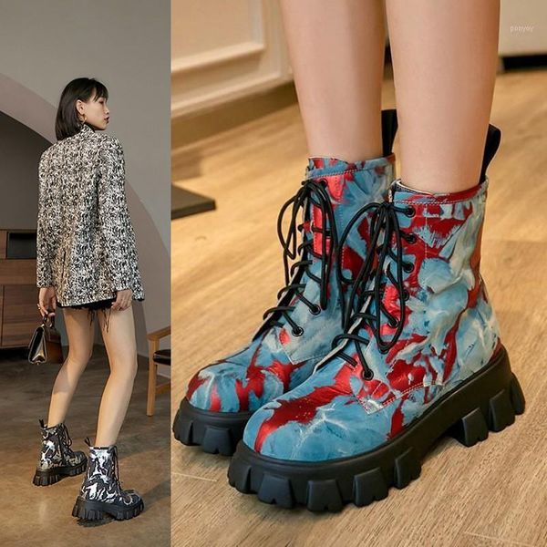 

thick sole riding motorcycle punk shoes winter snow plush warm winter boots brand women boots ankle platform flower design1, Black
