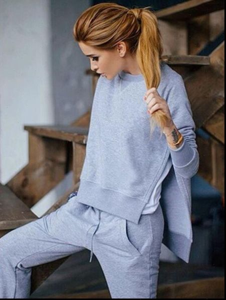 

2021 autumn and winter european and american womens style solid color two piece suit irregular split pullover sweater suit, Gray
