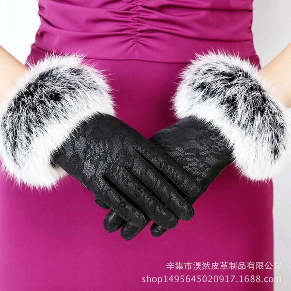 

leather women' pu 2020 winter printed gloves touch screen fur mouth fashionable plush and warm, Blue;gray