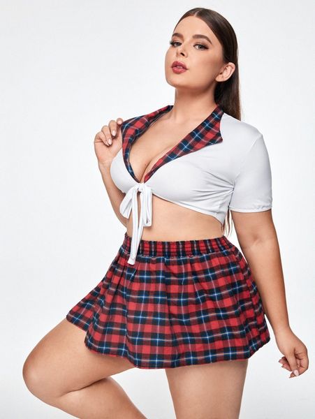 

3pack plus tartan knot front school girl costume set a8nv#, Black;white