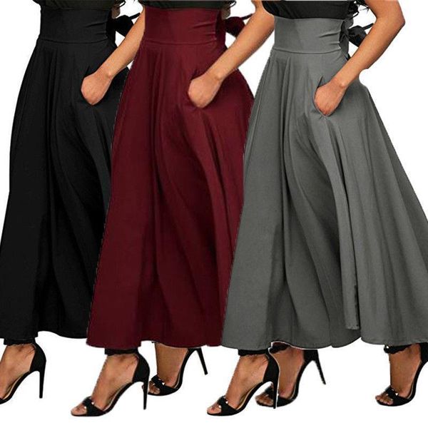 

woman fashion comfy casual high waist pleated long skirts women vintage flared full skirt swing satin skirt, Black