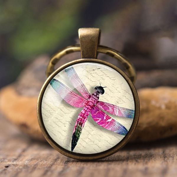 

handmade dragonfly glazed insect glass dome art fashion 25mm illustration jewelry keychain pendant key ring crafts gift uqge, Slivery;golden