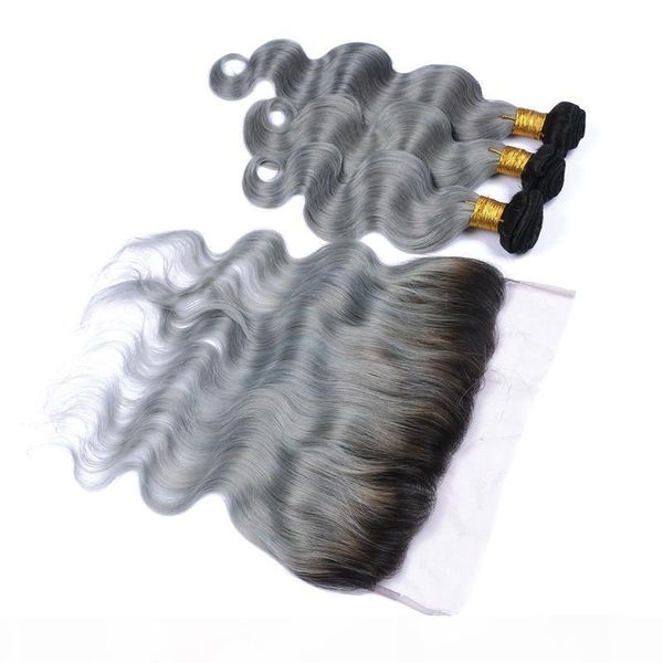 

brazilian silver grey ombre 3bundles with 1pcs 13x4 lace frontals body wave 1b grey two tone brazilian human hair weaves with frontals, Black