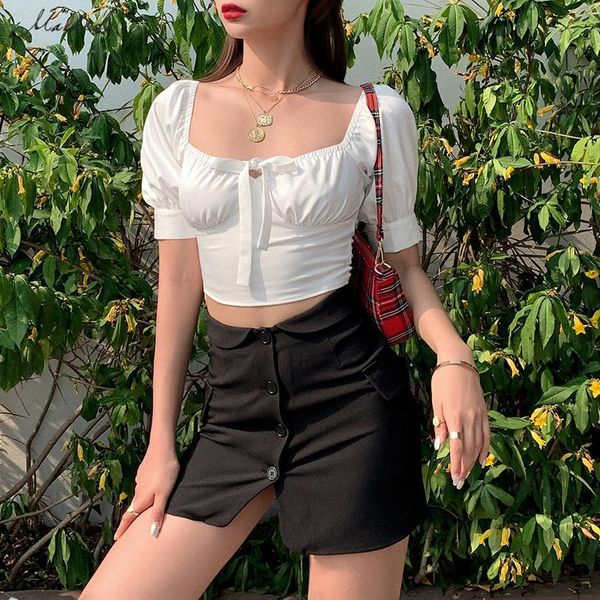 

women low chest lacing white summer puff sleeve casual vacation simple slim solid t shirt lady 2020 new
