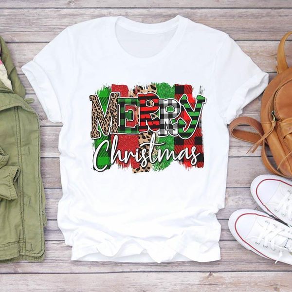 

women leopard letter striped plaid printing merry christmas print tshirts clothes graphic female t shirt ladies tee t-shirt, White