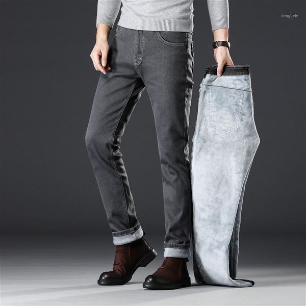 

tide winter thicken fleece warm men elasticity slim straight jeans classic business casual smoke gray velvet denim cargo jeans1, Blue