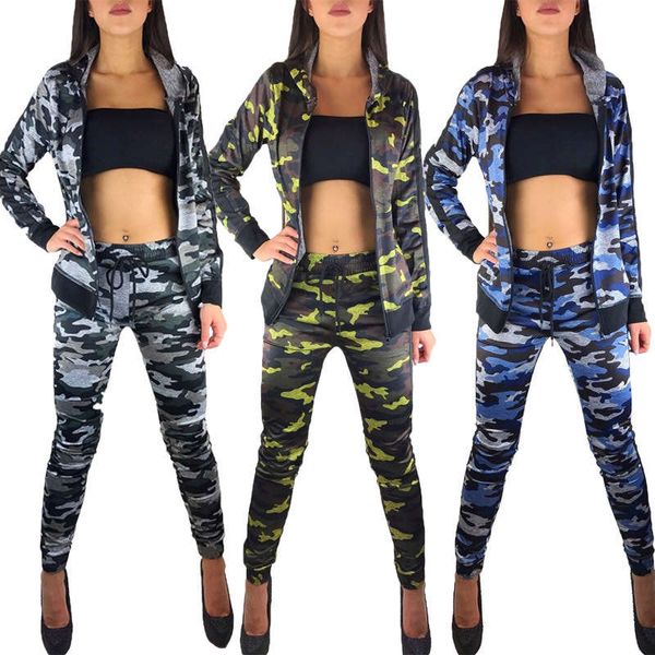 

new fashion sports autumn 2020 comfortable casual camouflage two-piece suit long sleeve pants women's wear, Gray