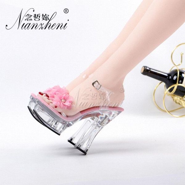 

18cm spool heels flower shallow high heeled shoes crystal thick platform women's sandals 6 inches wedding pink new style novelty, Black