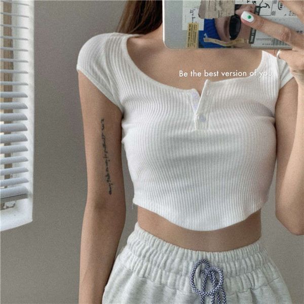 

autumn open collarbone women's tight new white style high waisted girl short sleeve t-shirt ins, Black;gray