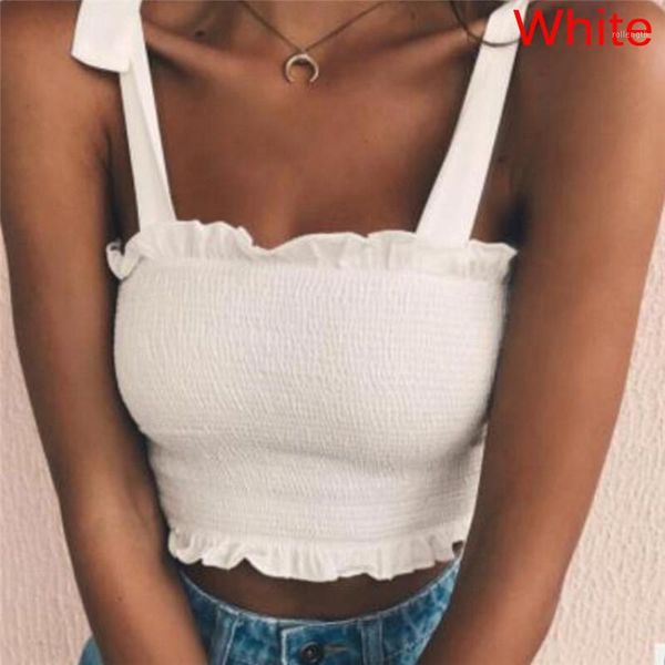 

women summer solid color bow tied strap crop sleeveless ruffled hem casual short ladies1, White