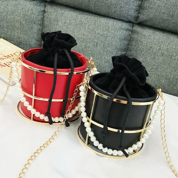 

female fashion bucket luxury designer frizzy pearls handle women's handbags current shoulder crossbody bags night clutch purse