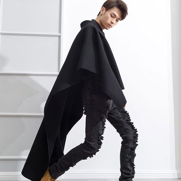 

m-4xl front short long long head over paragraph lapel pullover male woolen coat cloak trend loose slim shawl cloak1, Black