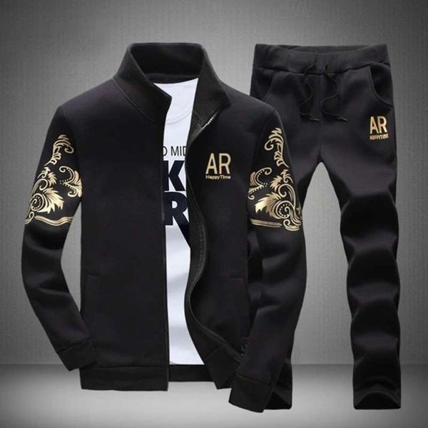 

ar spring men's and embroidery autumn slim standing collar sweater sports pants casual suit, Gray