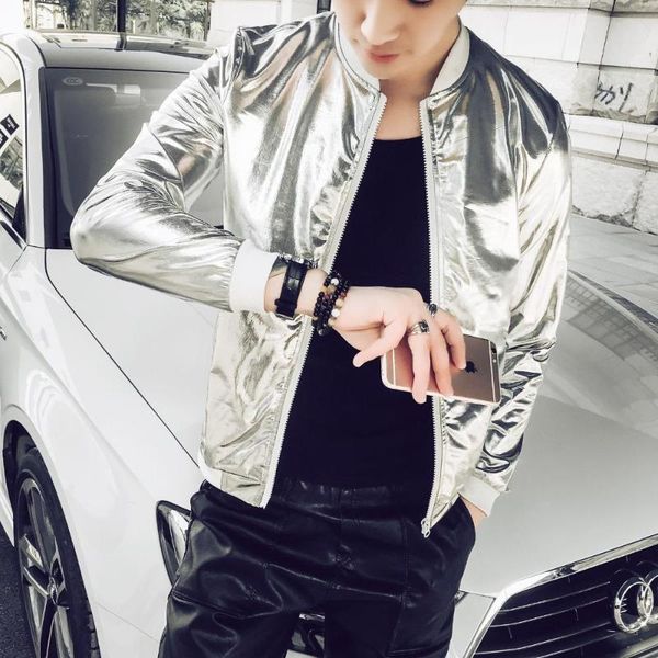

5xl summer men bomber jacket fashion slim fit sun protection clothing silver shining jackets mens plus size stage coats man, Black;brown