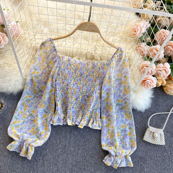 

2021 new singreiny feminine chiffon floral printing blouse spring square collar puff short thin elastic ruched e44n, White