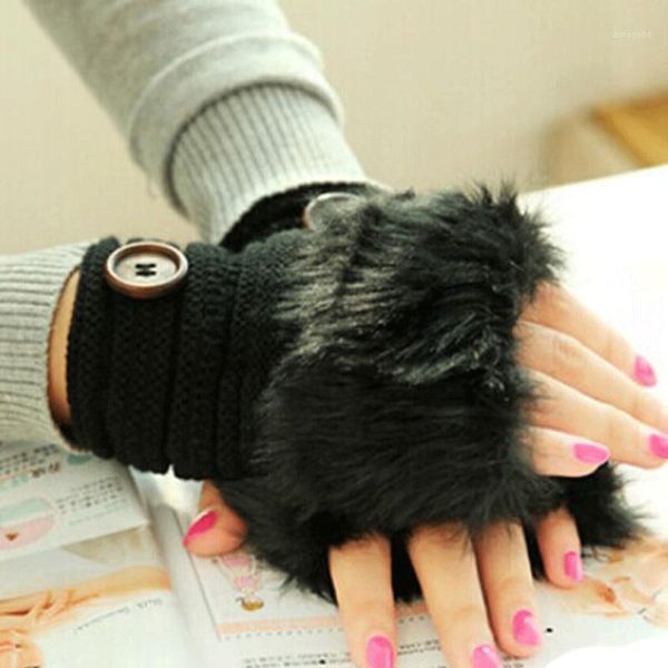 

five fingers gloves women winter half finger fingerless wrist arm hand warmer knitted mittens plush cute1, Blue;gray