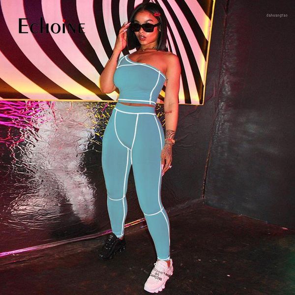 

echoine 2020 summer tracksuit 2 piece set women one-shoulder crop high waist pants fashion streetwear sportswear outfit1, White