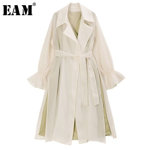 

[eam] women two piece bandage long trench new lapel long puff sleeve loose fit windbreaker fashion tide spring 1r734 201211, Tan;black