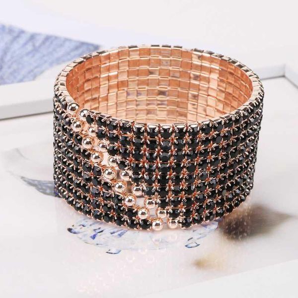 

korean style inlaid with a row of black glass drill open bracelet simple temperament multi - layer wide personality bracelet1