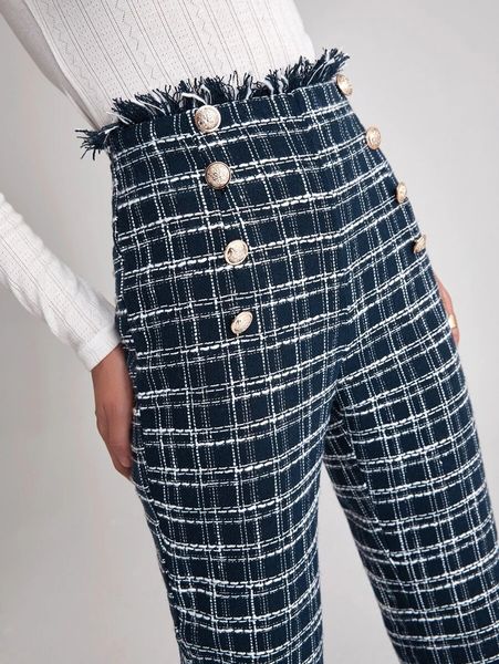 

2021 new womens fashion double breasted frayed trim pants high waist trousers outerwear d9lp, Black;white