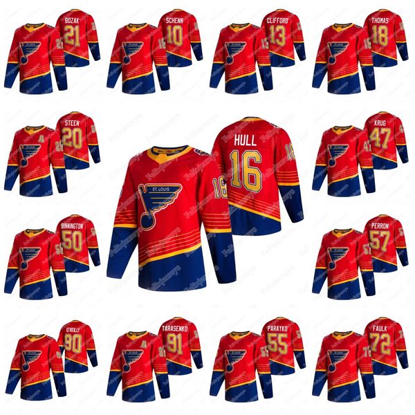 

st. louis blues 2021 reverse retro jersey ryan o'reilly (c) brett hull kyle clifford alexander steen robert thomas justin faulk vince d, Black;red