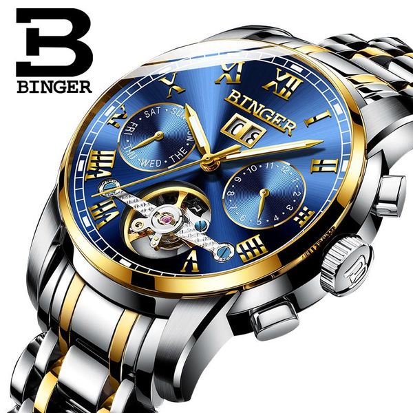 

switzerland binger mens watches automatic mechanical watch men full steel business waterproof tourbillon watch, Slivery;brown