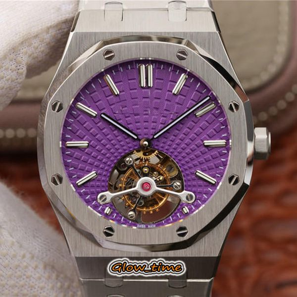 

r8f version real tourbillon cal.2924 mechanical hand-winding 26522st.oo.1220st.01 mens watch skeleton purple dial silver steel watches, Slivery;brown