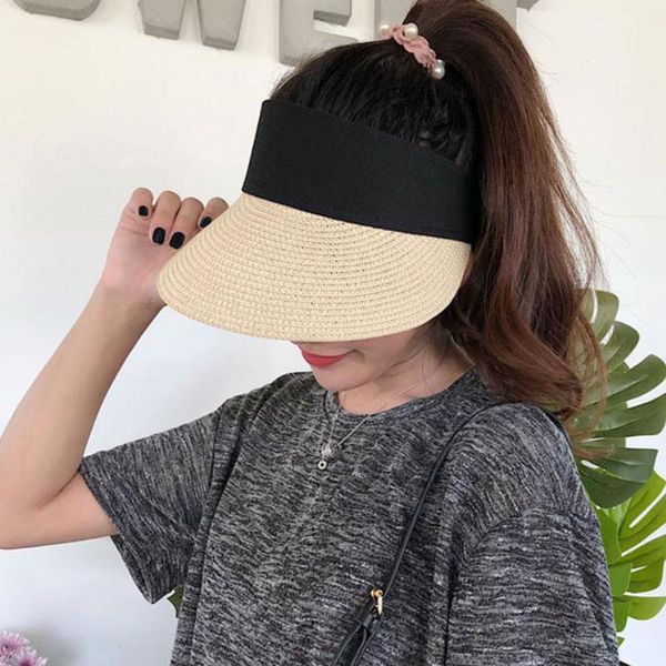 

stingy brim hats simple summer straw sun hat women pearl backable visor with big heads wide uv protection fashion cap, Blue;gray