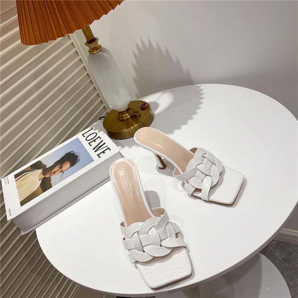 

sandals women's pu cross braid shoes open toe square heels summer slides luxury mules plus size 35-41, Black