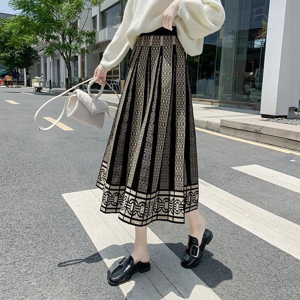 

зимняя черная плиссированная вязаная юбка женщины boho print старинные высокие талии юбка 2020 плюс повседневная юбка, Black