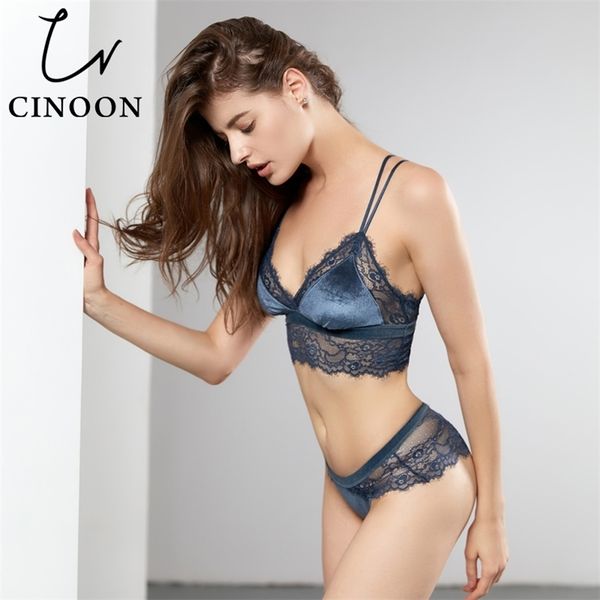 

cinoon new fashion women velvet bra set push up brassiere wireless lingerie eyelash lace bralette set underwear lj201211, Red;black