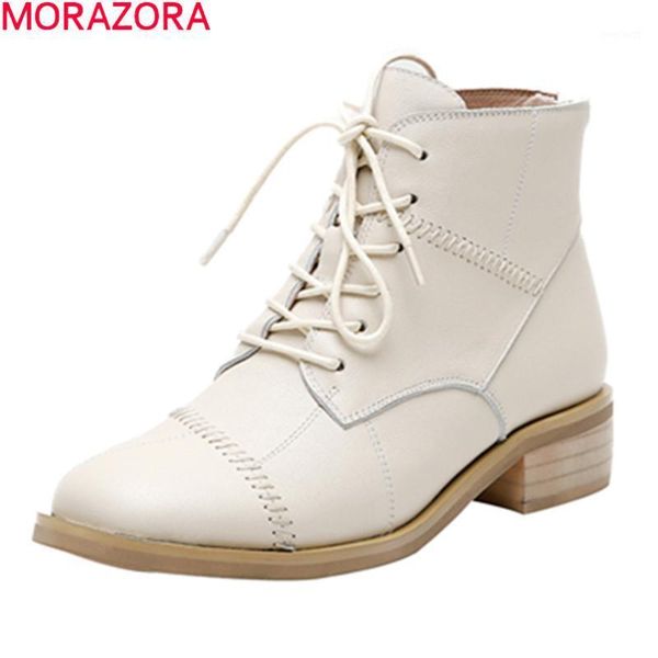 

morazora 2020 autumn winter fashion lace up ankle boots low heel round toe genuine leather women boots1, Black