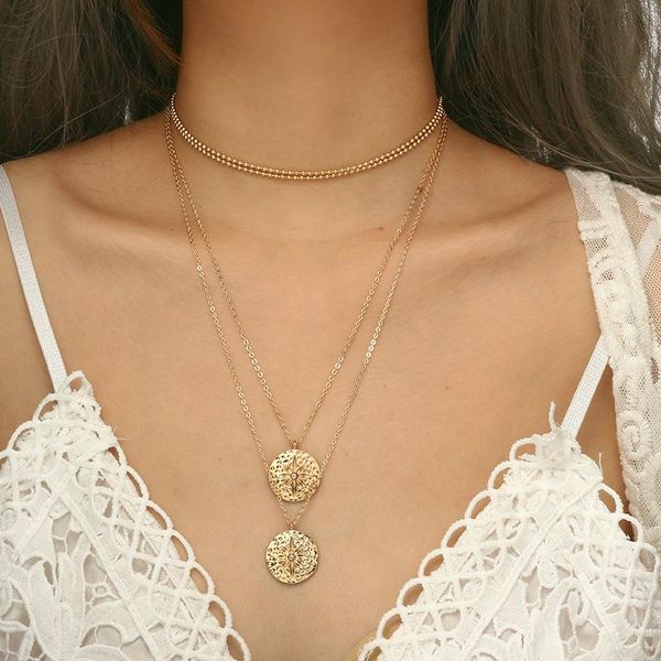 

brling new 2020 fashion ins vintage chain pendant choker starlight simple round three-layer necklace for women girls gifts party, Golden;silver