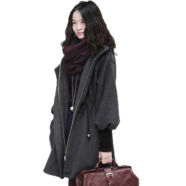 

fashion casual hooded large size women spring jackets women drawstring slim wool coat female fashion1, Black