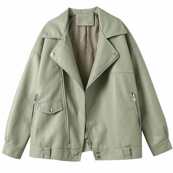 

female new design spring autumn pu leather jacket women faux soft leather coat loose rivet zipper motorcycle jackets1, Black