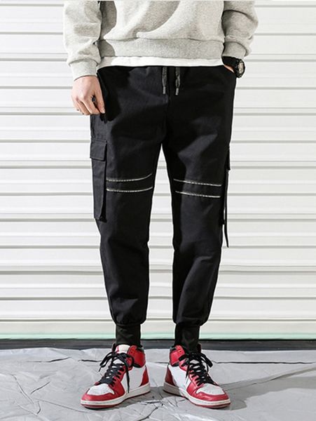 

men flap pockets drawstring waist utility pants w7so#, Black