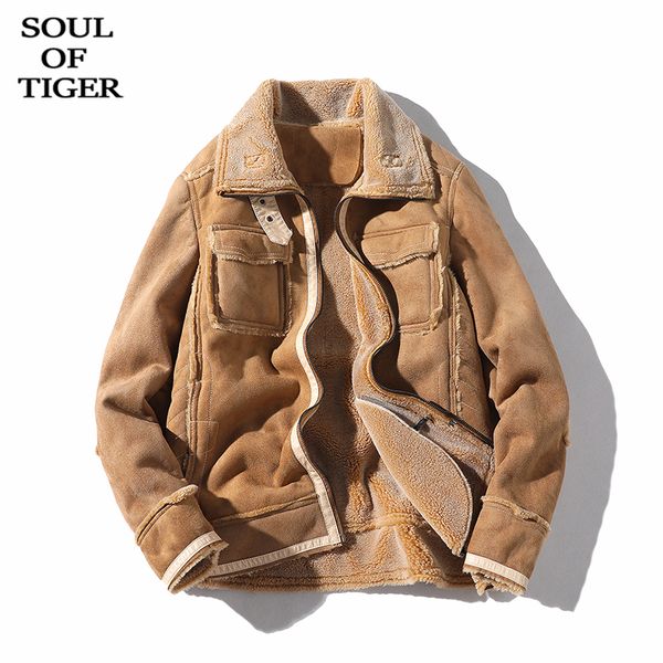 

soul of tiger european fashion luxury punk biker warm clothes mens oversized leather jackets vintage winter fur suede coats 201026, Black