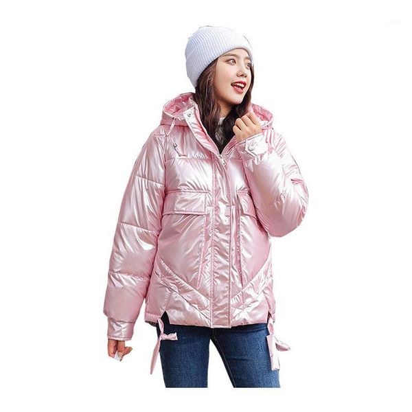 

women short winter jacket hooded glossy bakery windproof down coat oversize cotton padded parkas1, Black