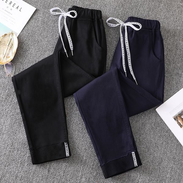 

ripped pants women plus size ankle length elasticity fashion spring office lady loose drawstring female harem pants 201102, Black;white