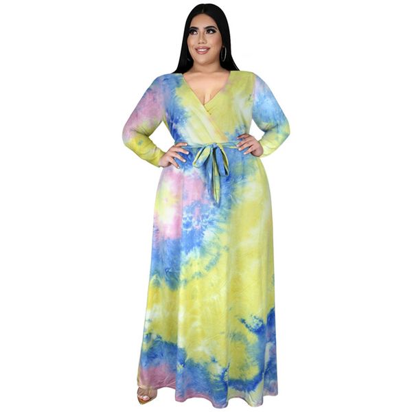 

l-5xl women dress gradient color tie dye maxi dresses v neck strappy sach long dresses bohemian dresses beach party clothing e122408, White