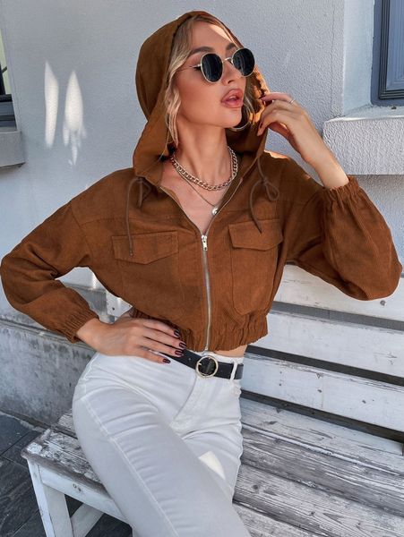 

flap pocket zip up drawstring hooded crop corduroy jacket i7r3#, Black;brown