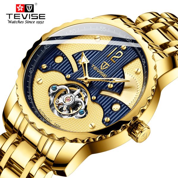 

luxury tevise men automatic mechanical watches men golden steel band trourbillon waterproof watches male gifts relogio masculino, Slivery;brown