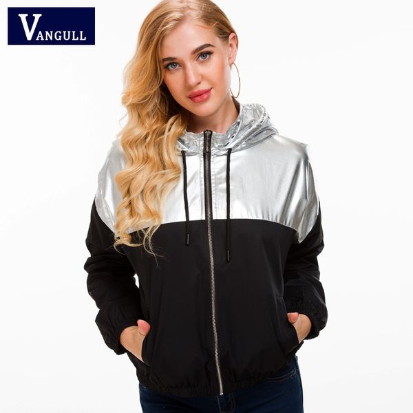 

vangll two tone metallic hoodie jacket new color block drawstring women clothing zipper coat patchwork silver jackets 201023, Black;brown