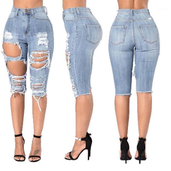 

women high waist ripped hole denim jeans ladies cotton stretch knee length jean pants1, Blue