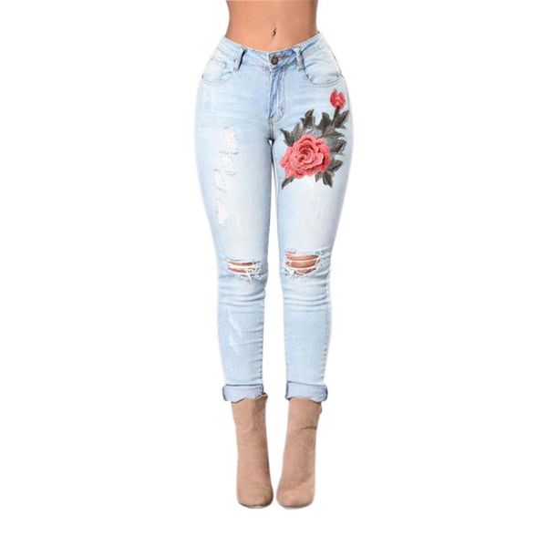 

women's jeans push up woman 2021 embroidered high elastic denim trousers mom plus size waist ripped, Blue