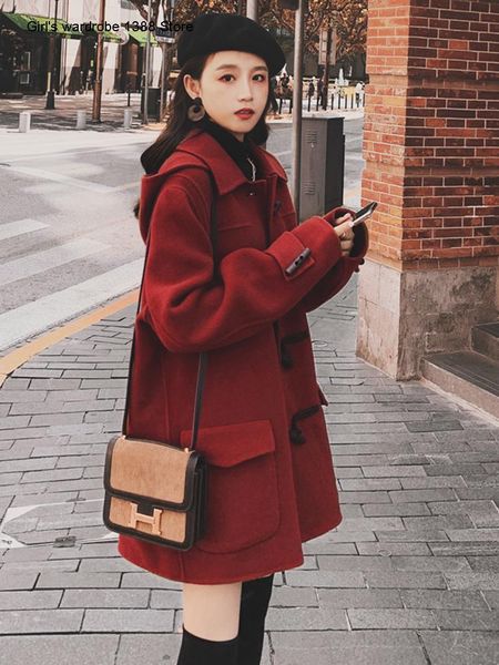 

women's wool & blends horn button woolen coat for middle school, autumn and winter 2021 korean loose small student, Black